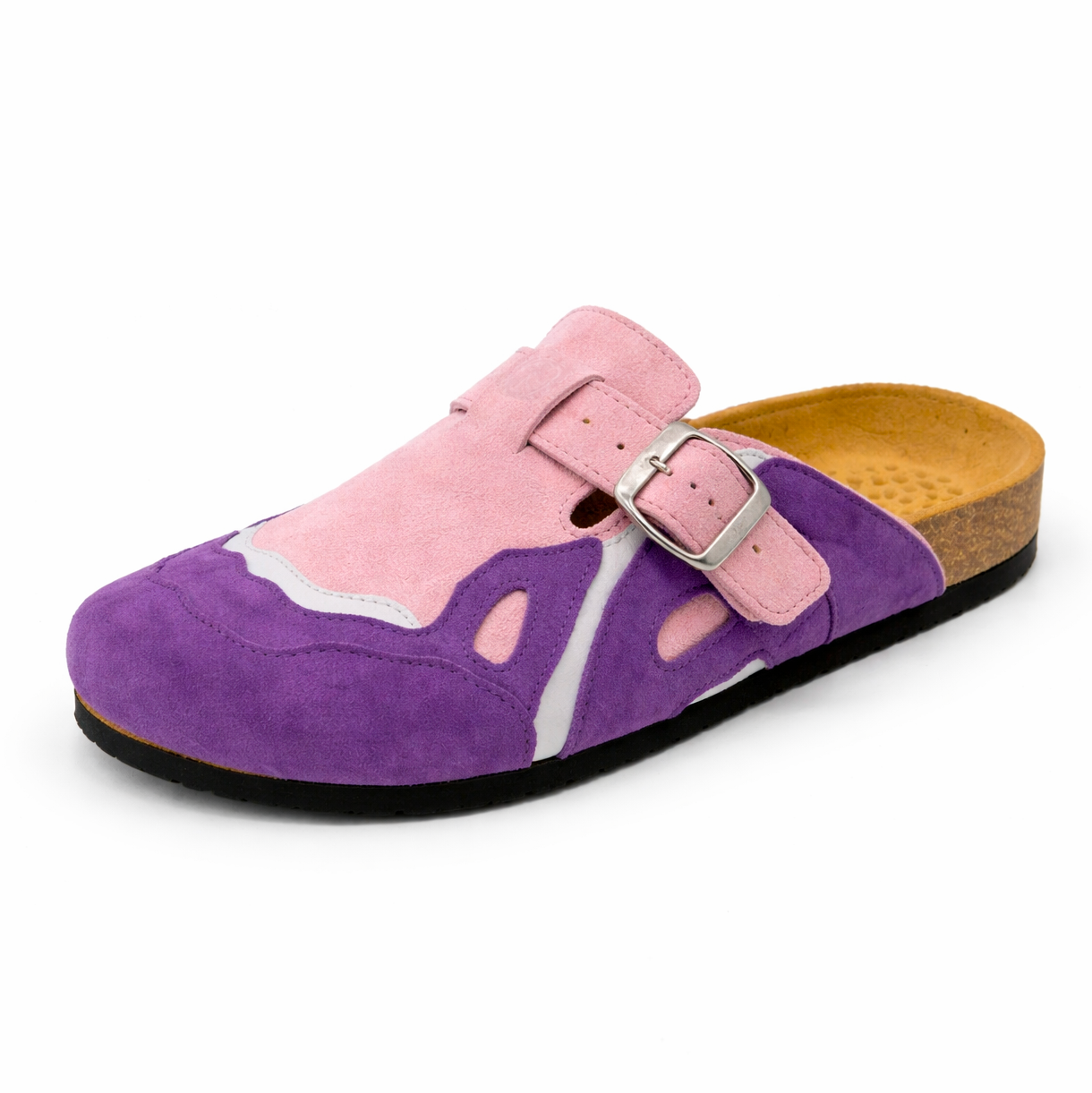 Zuecos Pellmaro de ante rosa y morado con hebilla