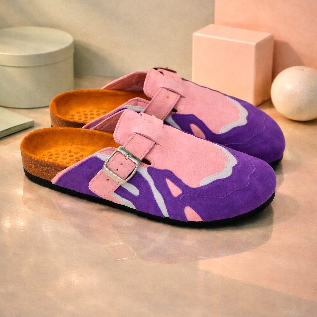 Zuecos Pellmaro de ante rosa y morado con hebilla