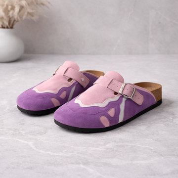 Zuecos Pellmaro de ante rosa y morado con hebilla